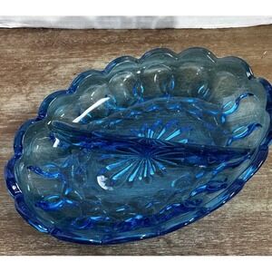 VTG Indiana Glass Amber Aqua Divided Candy Dish Scalloped